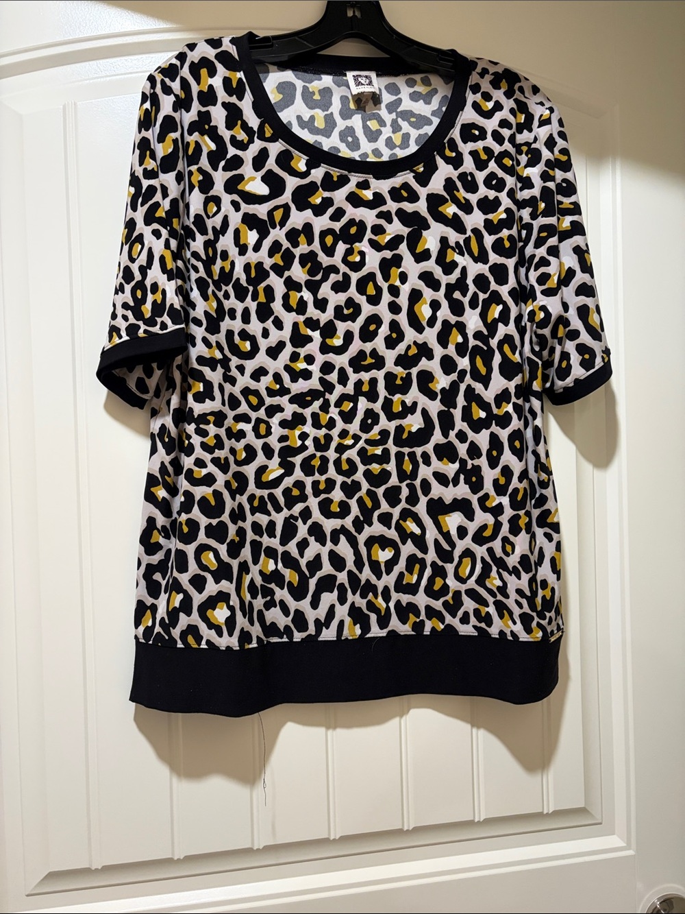 Anne Klein Black, White & Yellow Leopard Print Short Sleeve Top